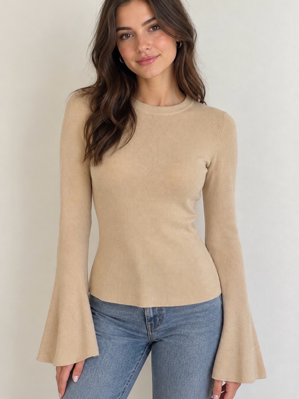 Flared Bell Sleeve Crewneck Top in Beige